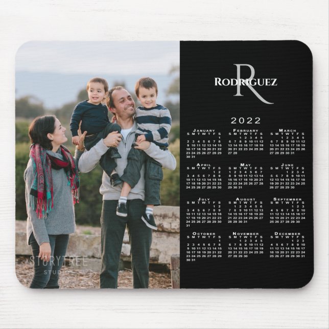 2022 Calendar Custom Photo Monogram Name on Black Mouse Pad (Front)