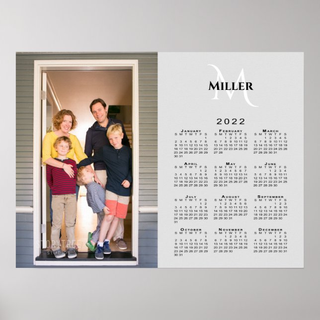 2022 Calendar Custom Photo Monogram Name on Grey Poster (Front)