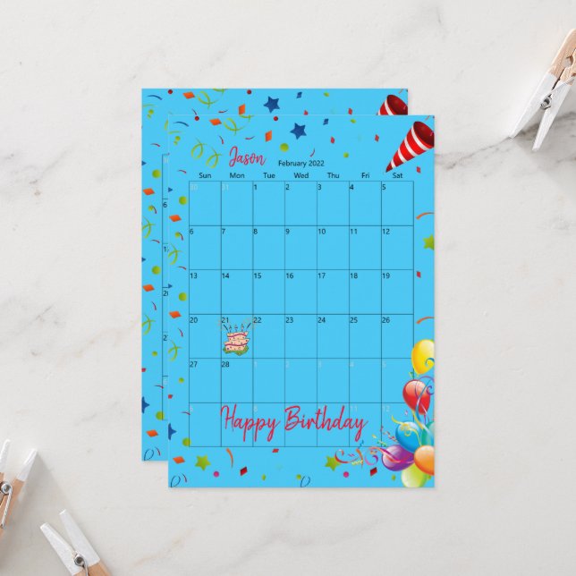 2022 Calendar February Happy Birthday Invitation  (Front/Back In Situ)