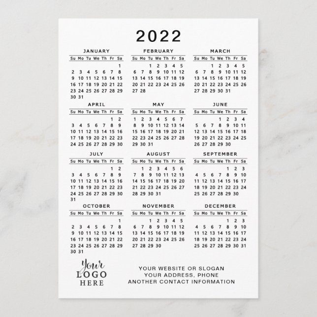 2022 Calendar Full Year White Black Simple Minimal Program (Front)