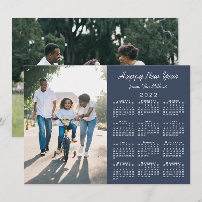 2022 Calendar Modern Navy 2 Photo Happy New Year Holiday Card (Front/Back)