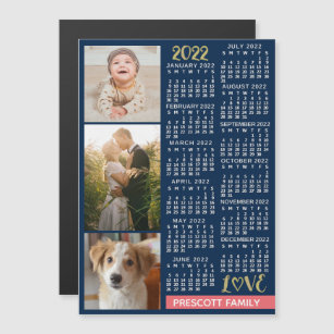 2022 Calendar Navy Coral Gold Custom Photo Collage Magnetic Invitation