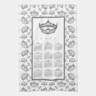 2022 Calendar Queen of Hearts Silver Crown Tiaras Tea Towel