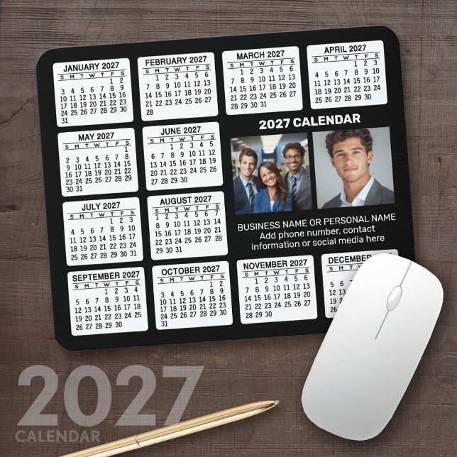 2022 Calendar with 2 Photos and Text - Black White Mouse Pad (2027 Calendar Mousepad)