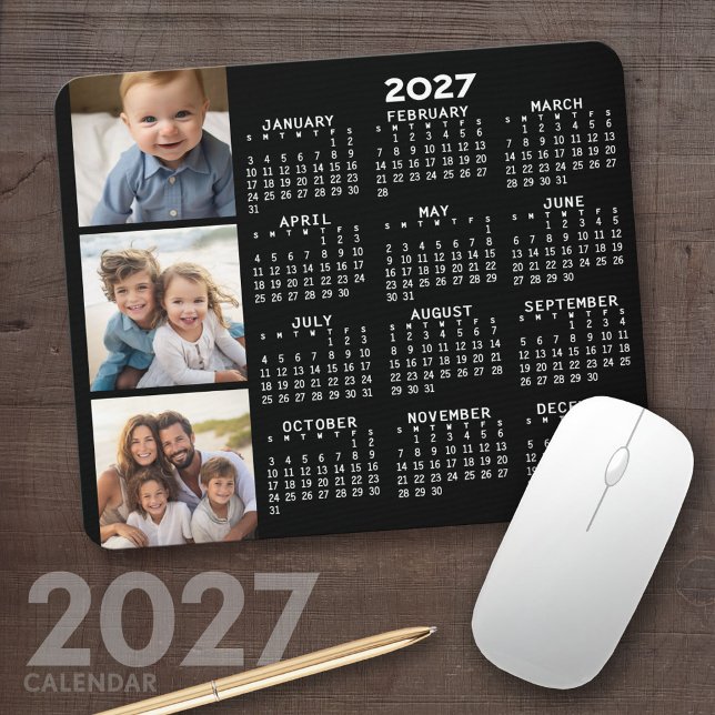 2022 Calendar with 3 Photo Collage - black Mouse Pad (2027 Calendar Mousepad)