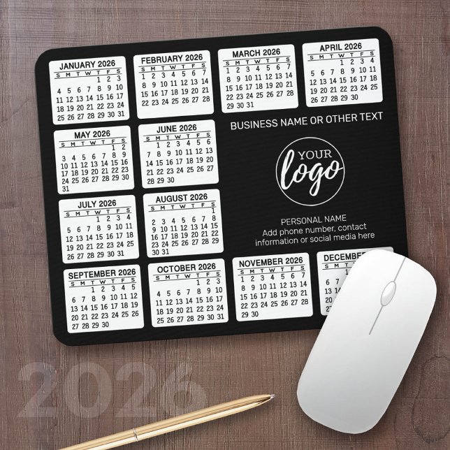 2022 Calendar with logo, Contact Information Black Mouse Pad (2026 Calendar with your logo - Great Business Gift or Home Office Decor)