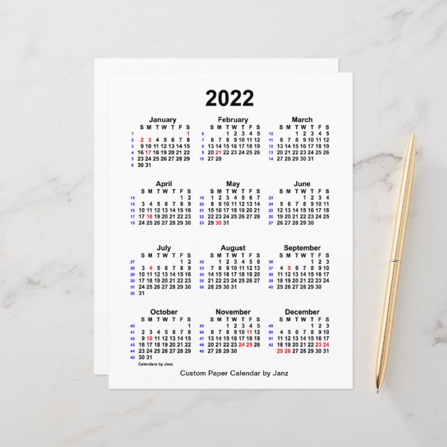 2022 Custom Holiday 52 Week Calendar by Janz (Front/Back In Situ)