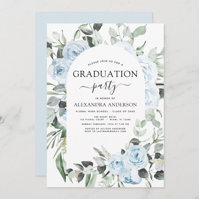 2022 Dusty Blue Graduation Floral Greenery Invitat Invitation (Front/Back)