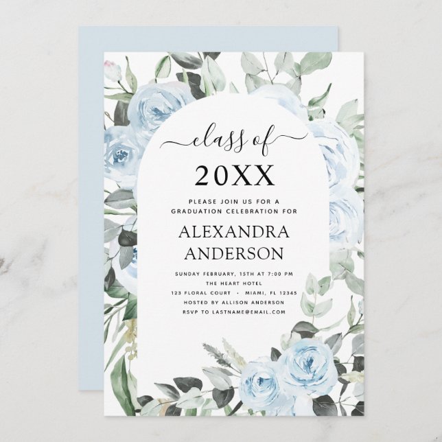 2022 Dusty Blue Graduation Floral Greenery Invitation (Front/Back)