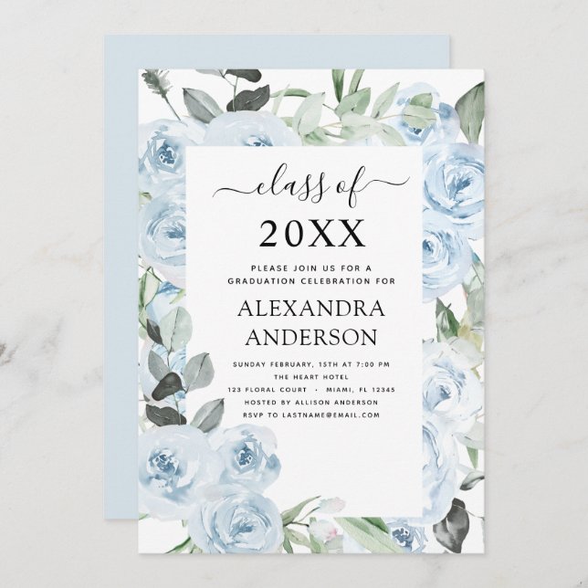 2022 Dusty Blue Graduation Floral Greenery Invitation (Front/Back)