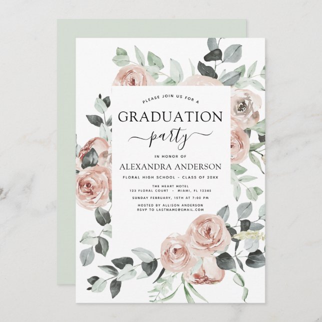 2022 Dusty Pink Graduation Floral Greenery Invitation (Front/Back)
