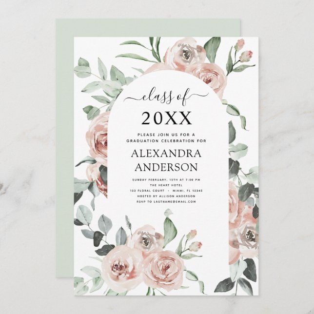 2022 Dusty Pink Graduation Floral Greenery Invitation (Front/Back)