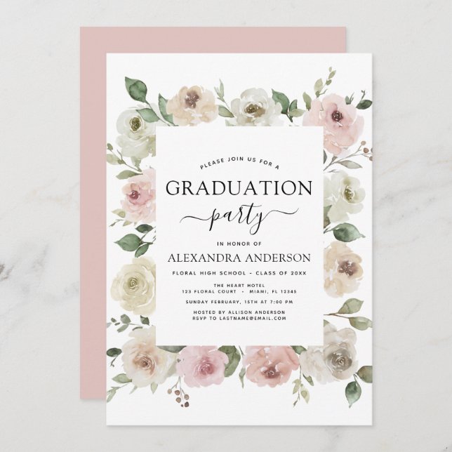 2022 Dusty Pink Graduation Floral Greenery Invitation (Front/Back)