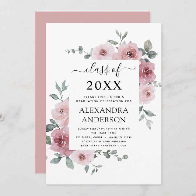 2022 Dusty Rose Pink Graduation Floral Invitation (Front/Back)
