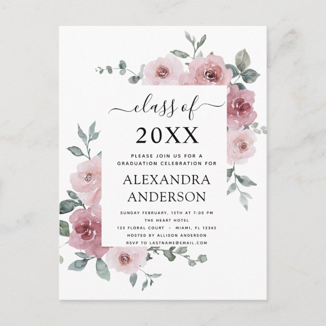 2022 Dusty Rose Pink Graduation Floral Invitation Postcard (Front)