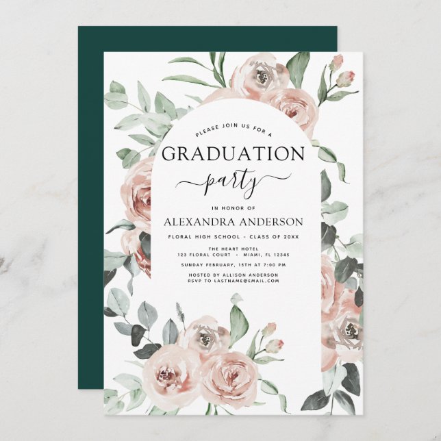 2022 Emerald Green Graduation Floral Greenery Invitation (Front/Back)