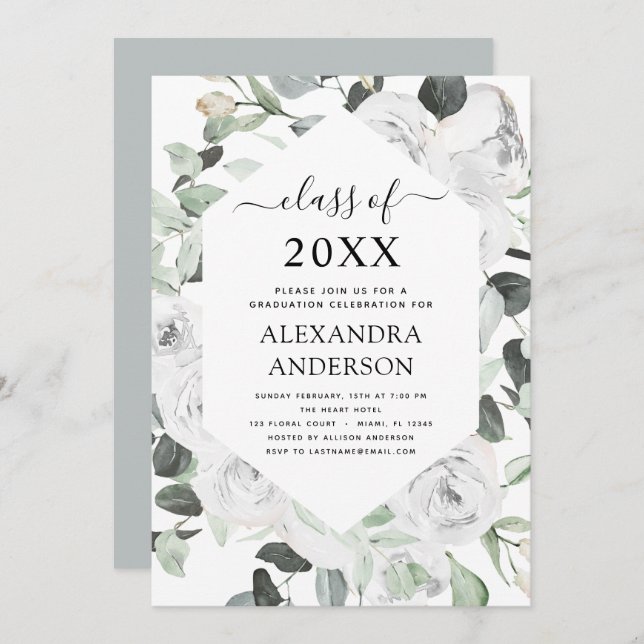2022 Eucalyptus Graduation Floral Roses Greenery Invitation (Front/Back)