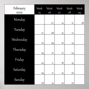 2022 February planner weel number Poster