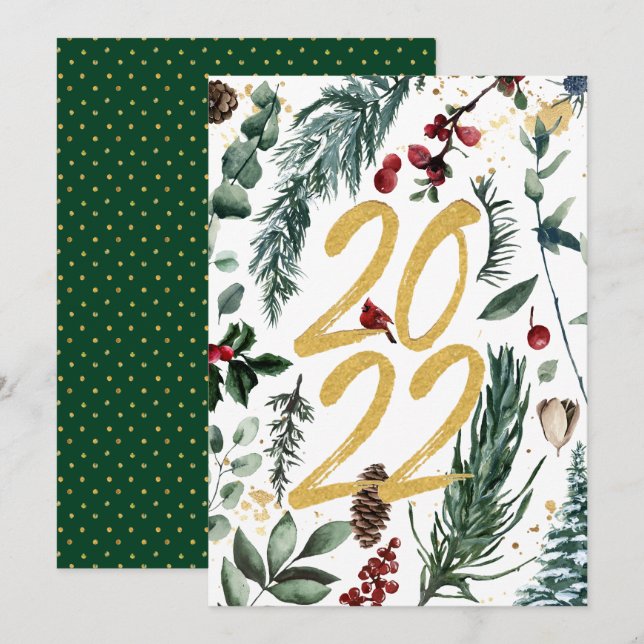 2022 Festive Gold Pine Bough Magnolia Christmas  Holiday Card (Front/Back)