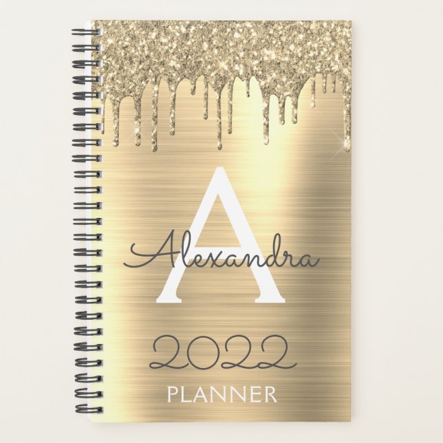 2022 Gold Glitter Sparkle Modern Monogram Planner (Front)