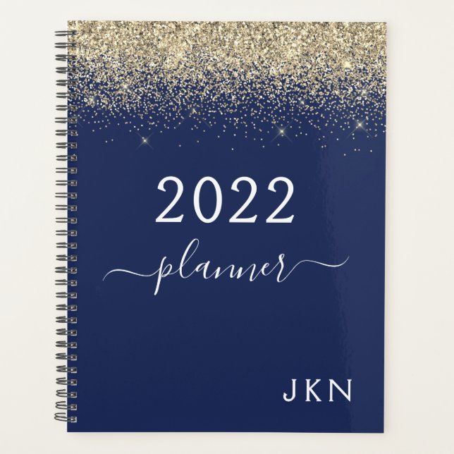 2022 Gold Navy Blue Girly Glitter Sparkle Monogram Planner (Front)