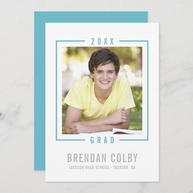 2022 GRAD photo modern frame turquoise aqua blue Invitation (Front/Back)