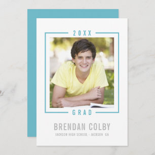 2022 GRAD photo modern frame turquoise aqua blue Invitation
