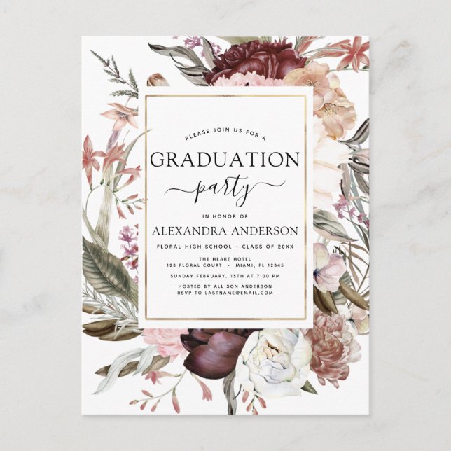 2022 Graduation Boho Dusty Pink Burgundy Invitatio Postcard (Front)
