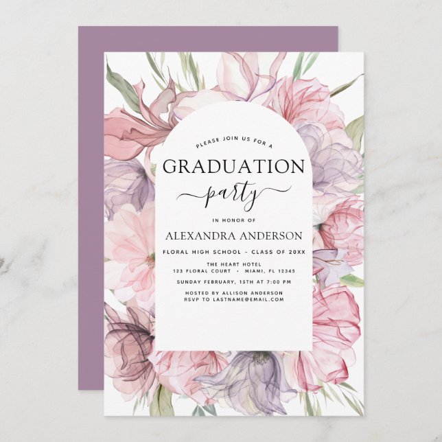 2022 Graduation Boho Dusty Pink Purple  Invitation (Front/Back)