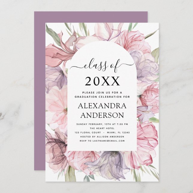 2022 Graduation Boho Dusty Pink Purple  Invitation (Front/Back)