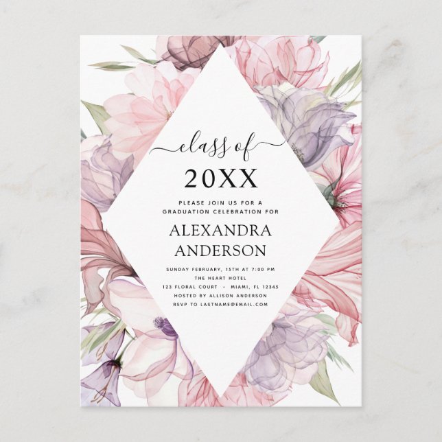 2022 Graduation Boho Dusty Pink Purple Invitation Postcard (Front)