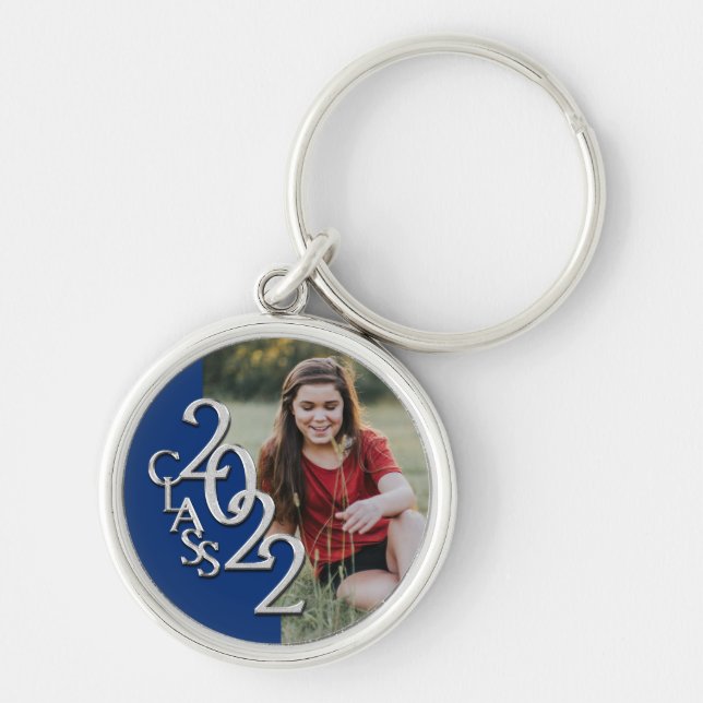 2022 Graduation Keepsake Photo Blue and Silver  Key Ring (Front)