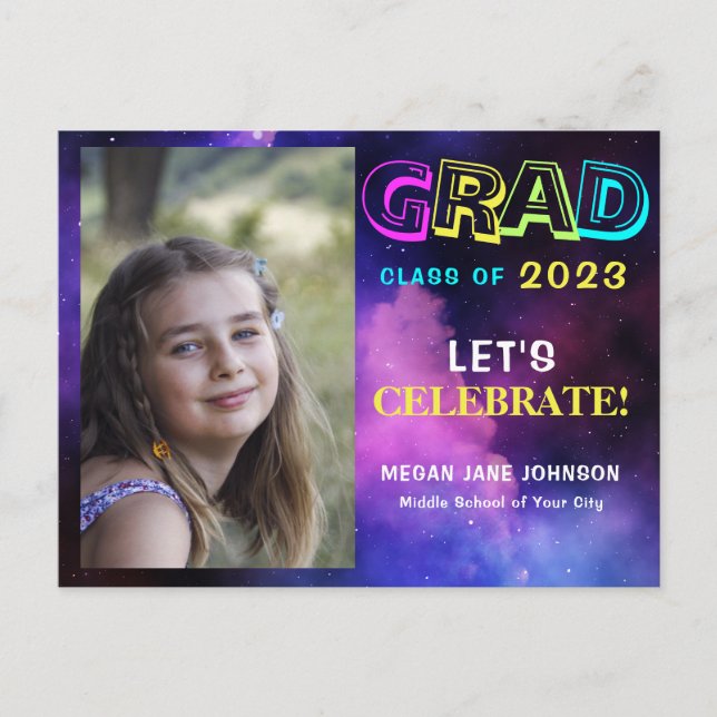 2022 graduation neon glow middle school grad photo invitation postcard (Front)