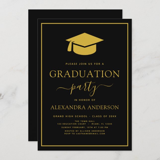 2022 Graduation Party Black Gold Modern Elegant In Invitation (Front/Back)
