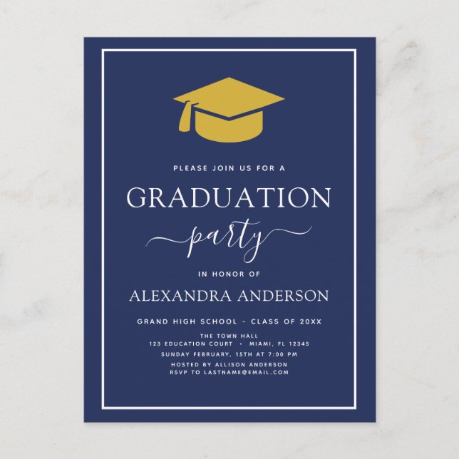 2022 Graduation Party Navy Blue Gold Elegant Invit Postcard (Front)