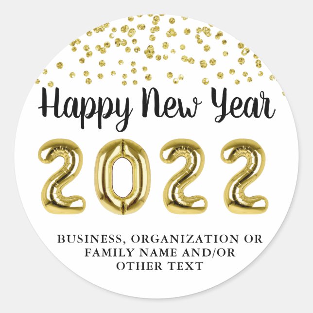 2022 Happy New Year Gold Balloons Confetti Classic Round Sticker (Front)