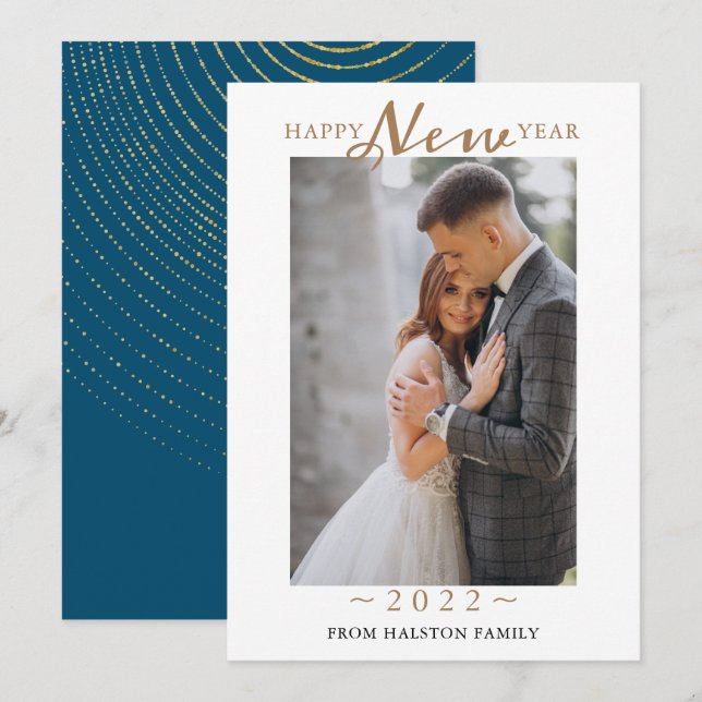 2022 Happy New Year Gold Swirl  Pattern Photo   Ho Holiday Card (Front/Back)