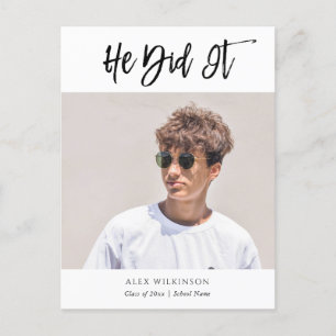 2022 He Did It Modern Calligraphy Photo Graduation Announcement Postcard