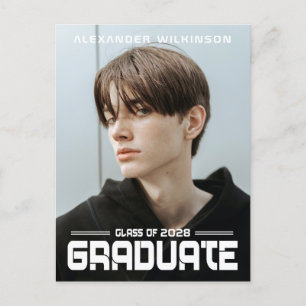 2022 Modern Bold Script Black White Photo Grad Announcement Postcard
