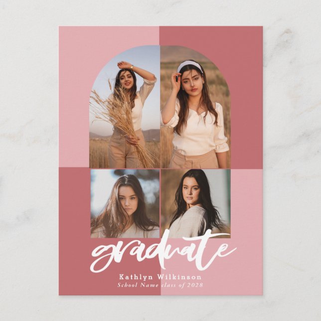 2022 Modern Script Rose Pink Arch 4 Photo Grad Announcement Postcard (Front)