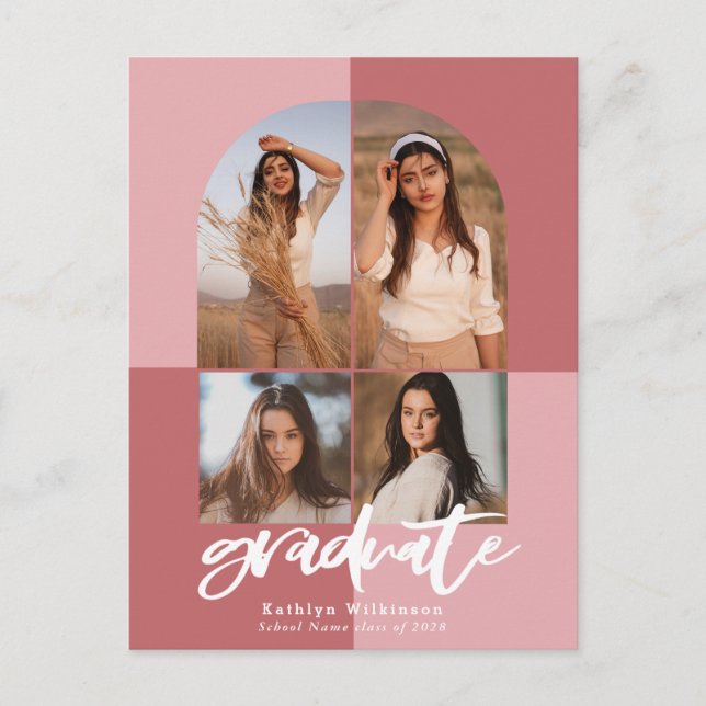2022 Modern Script Rose Pink Arch Multi Photo Grad Invitation Postcard (Front)
