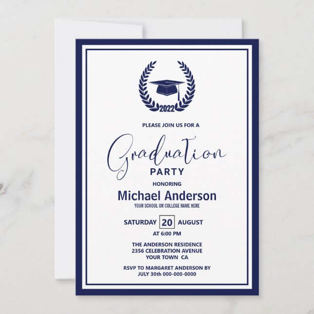 2022 Navy Blue Border Graduation Party Invitation (Front)