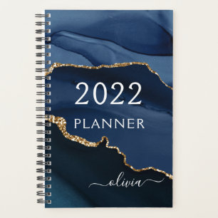 2022 Navy Blue Gold Agate Geode Script Monogram Planner