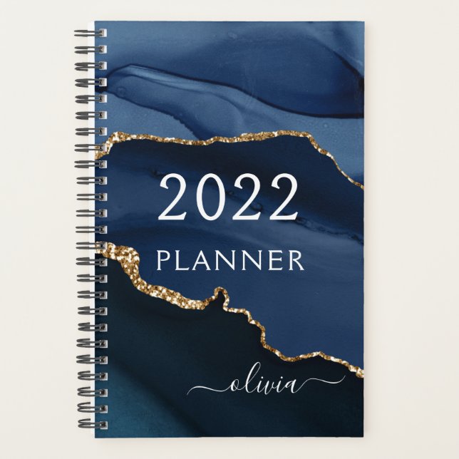 2022 Navy Blue Gold Agate Geode Script Monogram Planner (Front)