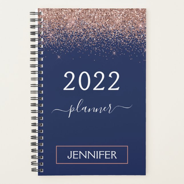 2022 Navy Blue Monogram Glitter Pink Rose Gold Planner (Front)