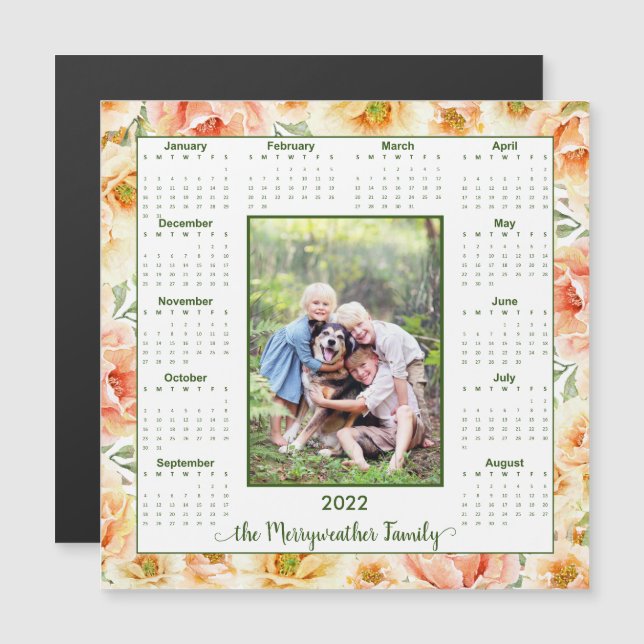 2022 Peach Floral Photo Magnetic Calendar (Front/Back)