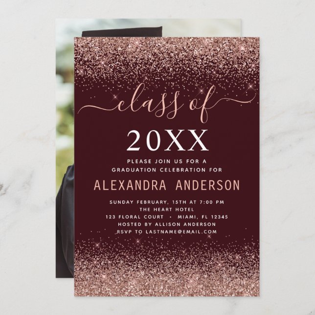 2022 Photo Burgundy Graduation Pink Glitter Invitation (Front/Back)