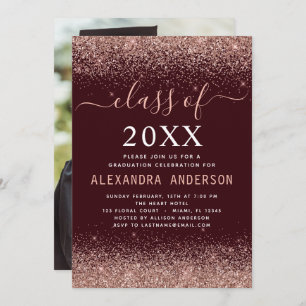 2022 Photo Burgundy Graduation Pink Glitter Invitation