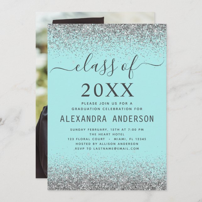 2022 Photo Graduation Teal Aqua Blue Silver Invitation (Front/Back)