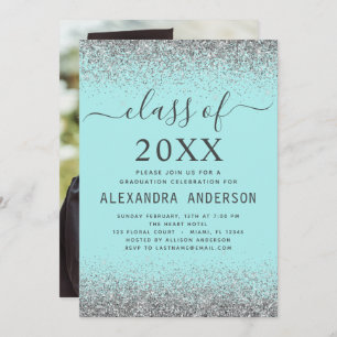 2022 Photo Graduation Teal Aqua Blue Silver Invitation